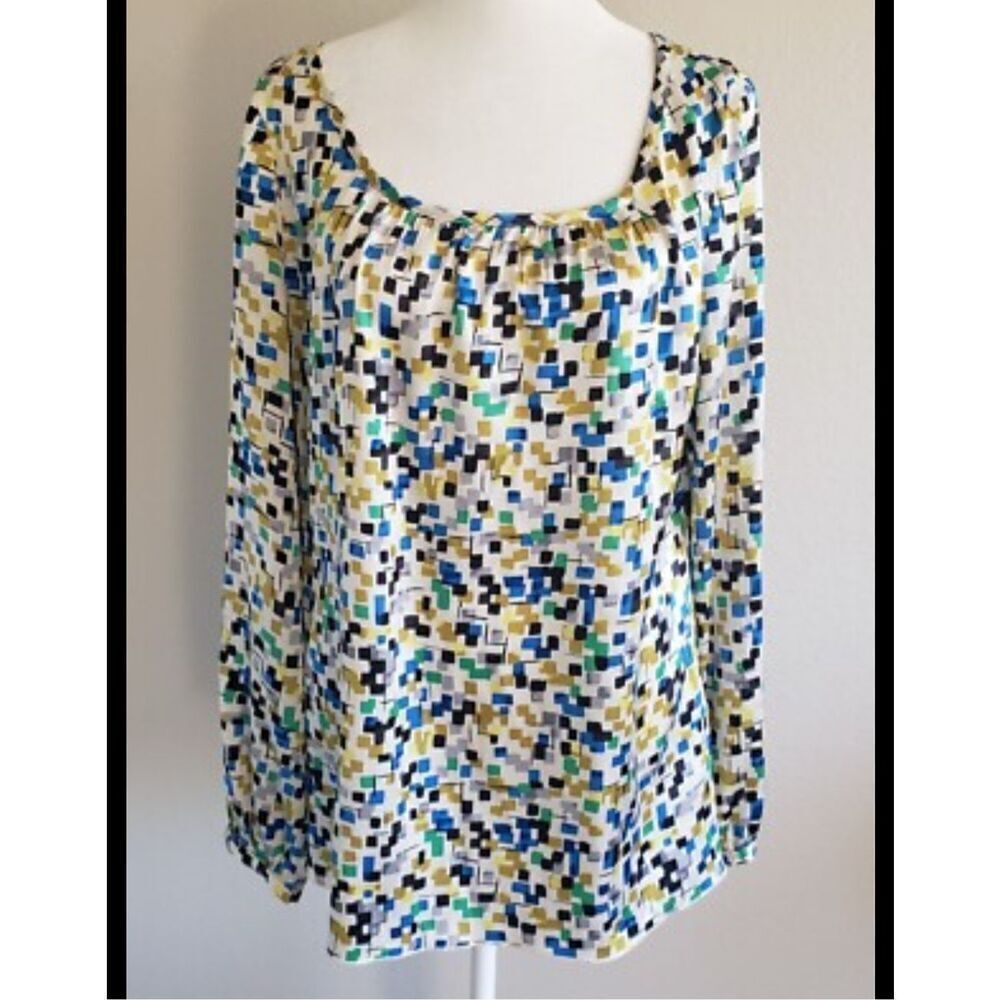 Semantiks L Silk Blend Blouse with a multi-color geometric, pixelated print